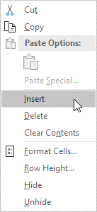 گزینه insert در نرم افزار اکسل