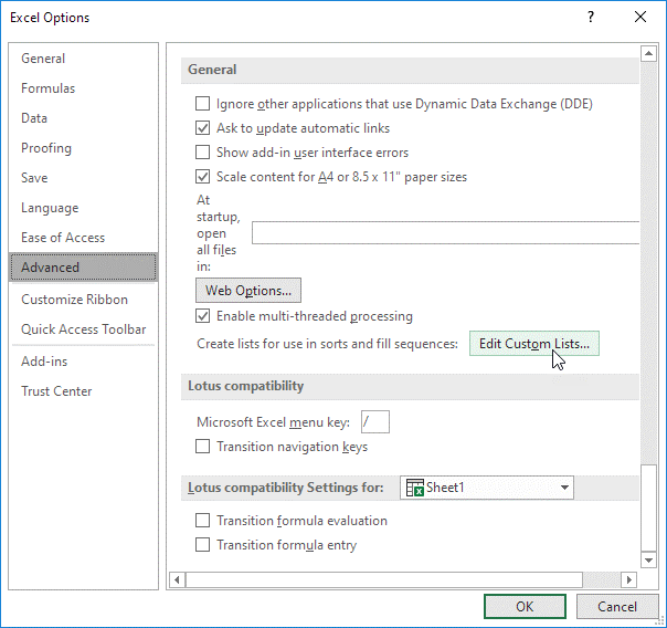 تنظیمات اکسل برای ایجاد لیست های دلخواه