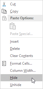 مخفی کردن سلول ها با استفاده از گزینه Hide در منوی راست کلیک اکسل