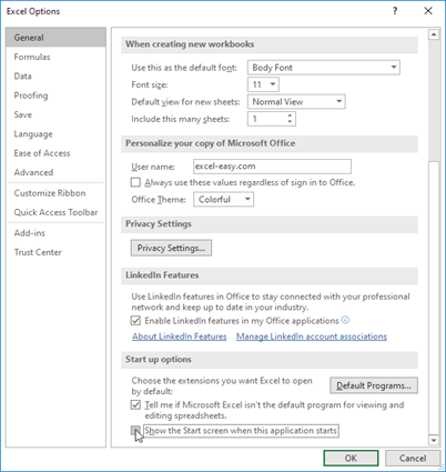 خاموش کردن صفحه شروع در نرم افزار اکسل