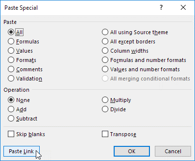 گزینه Past link در نرم افزار اکسل